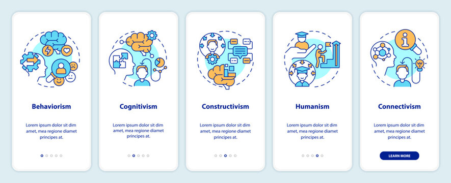 2D icons representing learning theories mobile app screen set. Walkthrough 5 steps multicolor graphic instructions with thin line icons concept, UI, UX, GUI template.