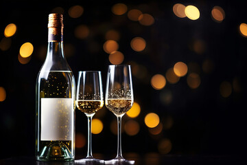 Creative composition of bottle of white wine against blurred background