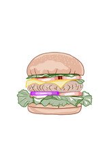 Hamburger, Classic American Burger. Delicious tasty and juicy sandwich with melting cheese, beef, tomato and lettuce salad. Isolated on white background.