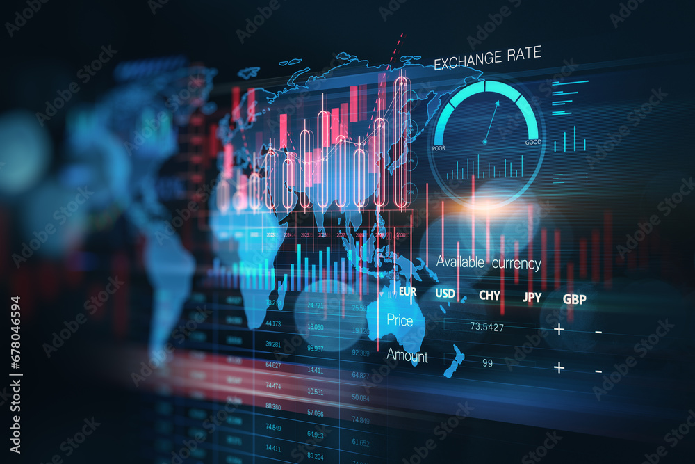 Poster global forex market analysis interface. 3d rendering