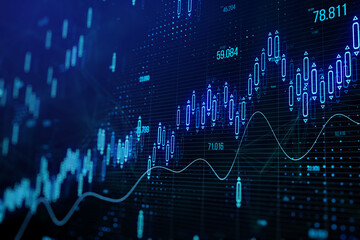 Creative glowing candlestick forex chart on blurry blue backdrop. Stock market, trading analysis and investment concept. 3D Rendering.