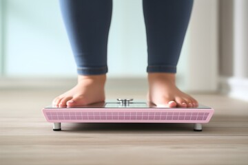 Closeup of woman standing on bathroom scale, monitoring her weight and progress towards fitness goals. Generative AI - obrazy, fototapety, plakaty