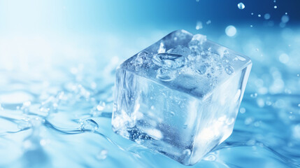 Crystal ice cube, close up view, white and blue colored