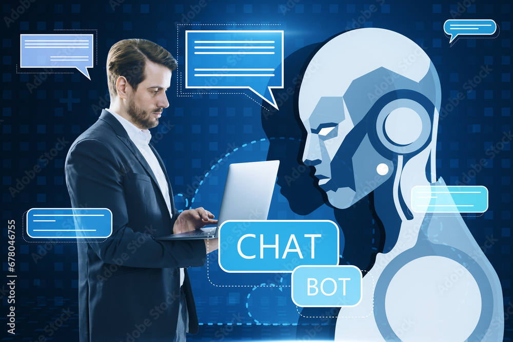 Leinwandbilder portrait of young businessman using laptop with creative glowing robot and chat ai hologram on blue 