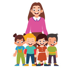 Group of Little Kids Standing with their teacher. happy teacher school kid. Daycare Kid. Classroom lesson learning Activity Isolated Element Objects. Flat Style Icon Vector Illustration