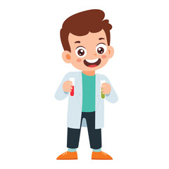 Little Doctor Kid holding test tube Pose Collection. Little Boy do research in lab, Scientist Chemistry Classroom Activity Isolated Element Objects. Flat Style Icon Vector Illustration