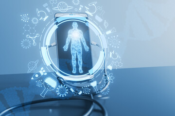 Fototapeta na wymiar Close up of smartphone with stethoscope and round medical interface with human body outline and healthcare icons on concrete wall background. Telemedicine and innovation concept. 3D Rendering.