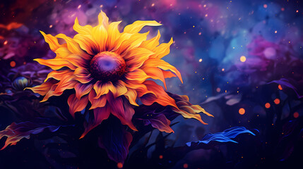 Fototapeta na wymiar A vibrant, digital art rendering of a sunflower in yellow and orange hues, set against a deep purple, almost celestial background, symbolizing endless energy and the spirit of life