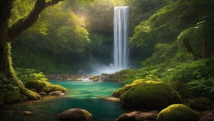 Waterfall in the deep green forest