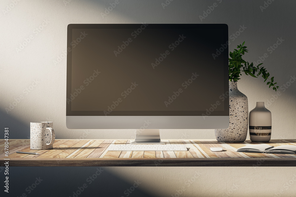 Aufkleber close up of creative designer desktop with empty computer screen, coffee cup, supplies and other ite