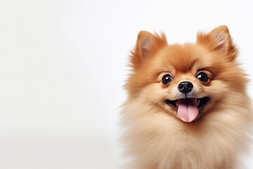Cute sign with a Pomeranian looking up on a solid white background