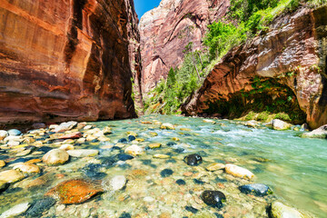 Zion National Park, Utah, USA, narrowing trail. Beautiful scenery, views of incredibly picturesque...