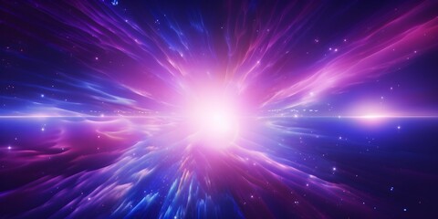 Abstract background in blue and purple neon glow colors. Speed of light in galaxy. Explosion in universe. Generative AI