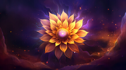 A vibrant, digital art rendering of a sunflower in yellow and orange hues, set against a deep purple, almost celestial background, symbolizing endless energy and the spirit of life - obrazy, fototapety, plakaty