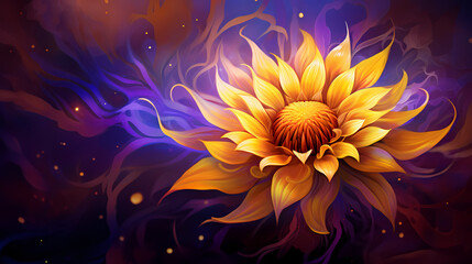 A vibrant, digital art rendering of a sunflower in yellow and orange hues, set against a deep purple, almost celestial background, symbolizing endless energy and the spirit of life