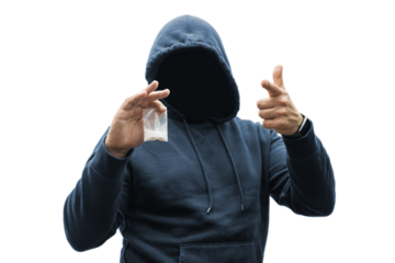 Faceless man in a hood holds transparent plastic bag with white powder hard drugs isolated on transparent background, anonymous drug dealer or gangster sells narcotics