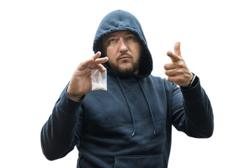 Criminal man in a hood holds transparent plastic bag with white powder hard drugs isolated on transparent background, drug dealer or gangster sells narcotics - obrazy, fototapety, plakaty