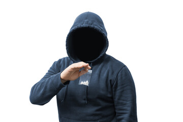 Faceless man in a hood holds transparent plastic bag with white pills hard drugs on transparent...