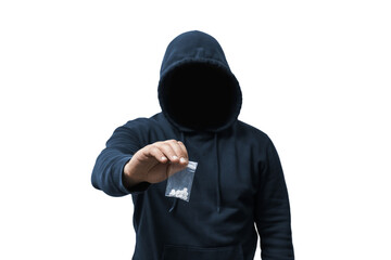 Faceless man in a hood holds transparent plastic bag with white pills hard drugs on transparent background, anonymous drug dealer or gangster sells narcotics - obrazy, fototapety, plakaty