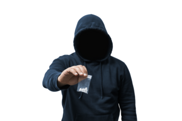 Faceless man in a hood holds transparent plastic bag with white pills hard drugs on transparent background, anonymous drug dealer or gangster sells narcotics
