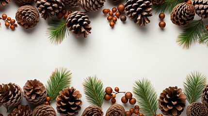 Green fir branches and brown pine cones on white, top view, copy space. AI generate