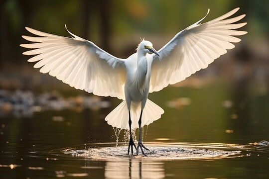 Little egret with spread wings in water, nature, Wild animal, bird, In motion