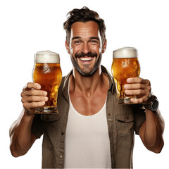 Man Holding Two Beers Isolated on Transparent or White Background, PNG