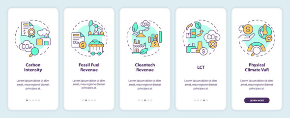 2D icons representing climate metrics mobile app screen set. Walkthrough 5 steps colorful graphic instructions with thin line icons concept, UI, UX, GUI template.