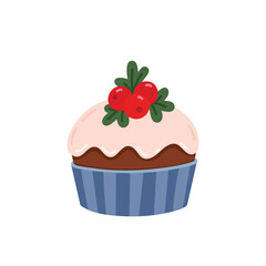 Christmas pastry cupcake or muffin decorated with confectionery glaze, red berries and green twigs. Holiday sweet sugar dessert. Flat vector illustration isolated on white background