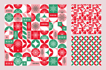 Set of Christmas seamless patterns with geometric ornament in red and green colors, snowflakes and Christmas trees