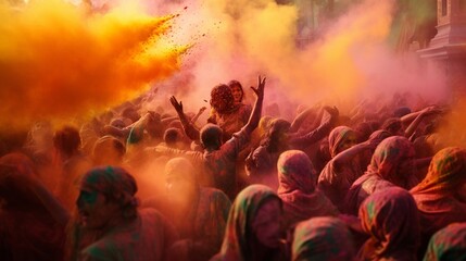 Fototapeta na wymiar A vibrant and energetic scene of people celebrating Holi, with colorful powders in the air, participants dancing and laughing, captured in the midst of joyful chaos
