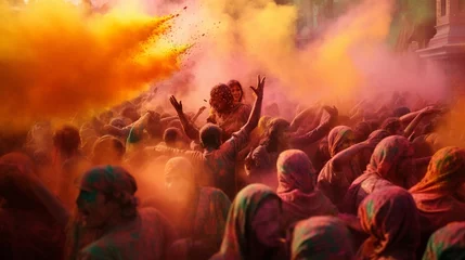 Fototapeten A vibrant and energetic scene of people celebrating Holi, with colorful powders in the air, participants dancing and laughing, captured in the midst of joyful chaos © Abdul