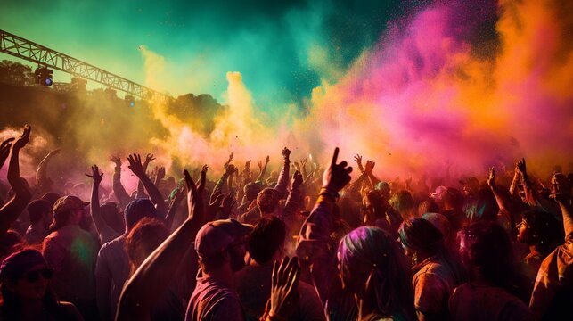 A vibrant and energetic scene of people celebrating Holi, with colorful powders in the air, participants dancing and laughing, captured in the midst of joyful chaos