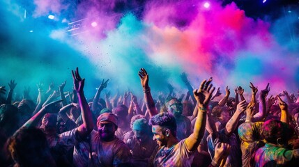 A vibrant Holi celebration with people joyfully throwing colored powders in the air, creating a kaleidoscope of colors