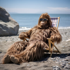 Sasquatch laying in a chair on the beach while wearing sunglasses. Generative ai.  - obrazy, fototapety, plakaty