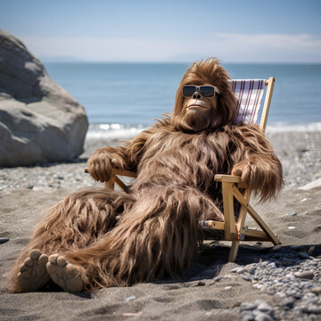 Sasquatch laying in a chair on the beach while wearing sunglasses. Generative ai. 