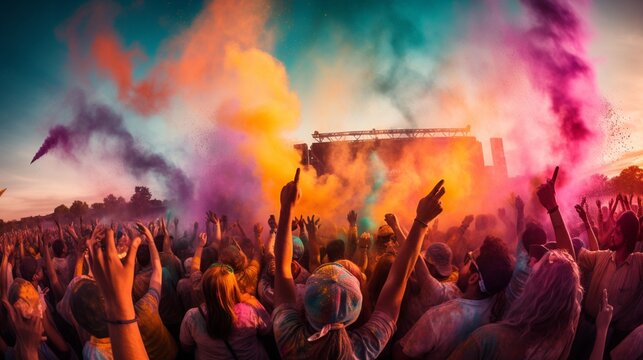 A vibrant Holi celebration with people joyfully throwing colored powders in the air, creating a kaleidoscope of colors
