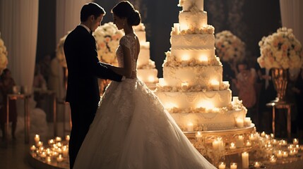 A wedding reception in a beautifully decorated ballroom, with a stunning floral arrangement, a grand wedding cake, and the couple's first dance as a married couple