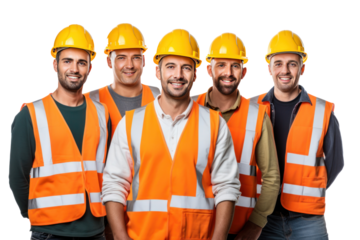 Group of happy young construction workers isolated on transparent background.
