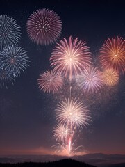Beautiful New Year, congratulations with firework on night sky background. Ai image generative.