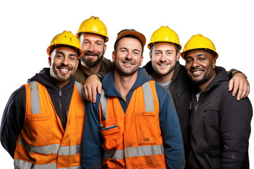 Group of happy young construction workers isolated on transparent background.