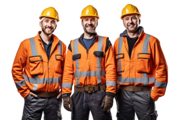 Group of happy young construction workers isolated on transparent background.
