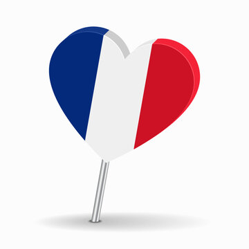 French flag heart-shaped map pointer layout. Vector illustration.