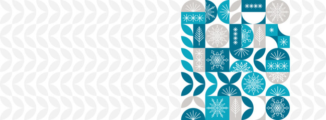 Christmas banner with geometric pattern in blue colors, snowflakes and Christmas trees