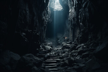 Low angle shot of the exit of a dark cave, aesthetic look - obrazy, fototapety, plakaty