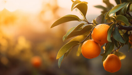 Citrus branches with organic ripe fresh oranges tangerines growing on branches with green leaves in sunny fruiting garden. - Powered by Adobe