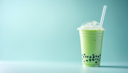 Green matcha bubble tea with ice cubes in cup on blue background. Antioxidant and dietary vegan cocktail for healthy breakfast or snack. - obrazy, fototapety, plakaty