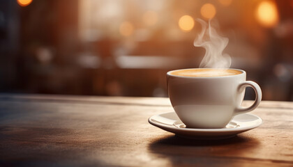 Fototapeta premium Cup of coffee with steam on bar counter against coffeeshop bokeh background.