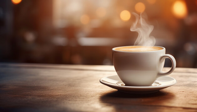 Cup of coffee with steam on bar counter against coffeeshop bokeh background.