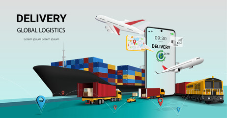 Global logistics. Online Global business delivery logistics service on mobile. rail transportation, Train, Freight Ship, cargo plane, truck, warehouse, container transport. 3d Vector illustration - obrazy, fototapety, plakaty